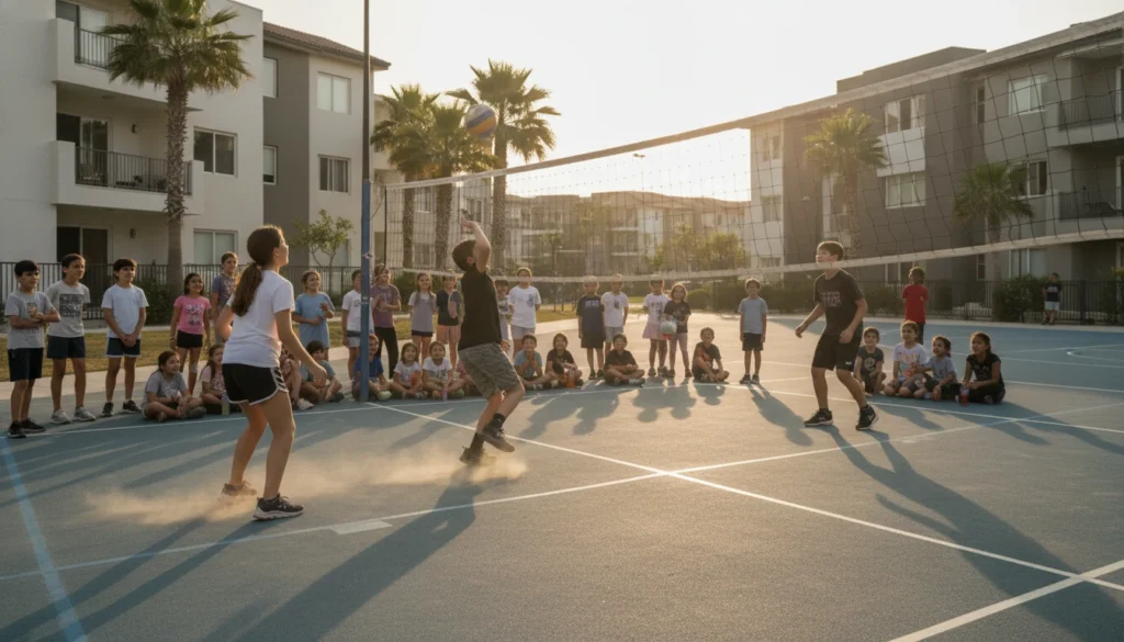 crianças adolescentes jogando vôlei na quadra de esportes do condomínio