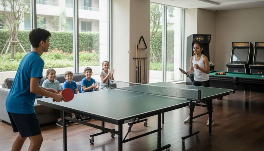 crianças adolescentes brincando de ping pong no salão de jogos do condomínio