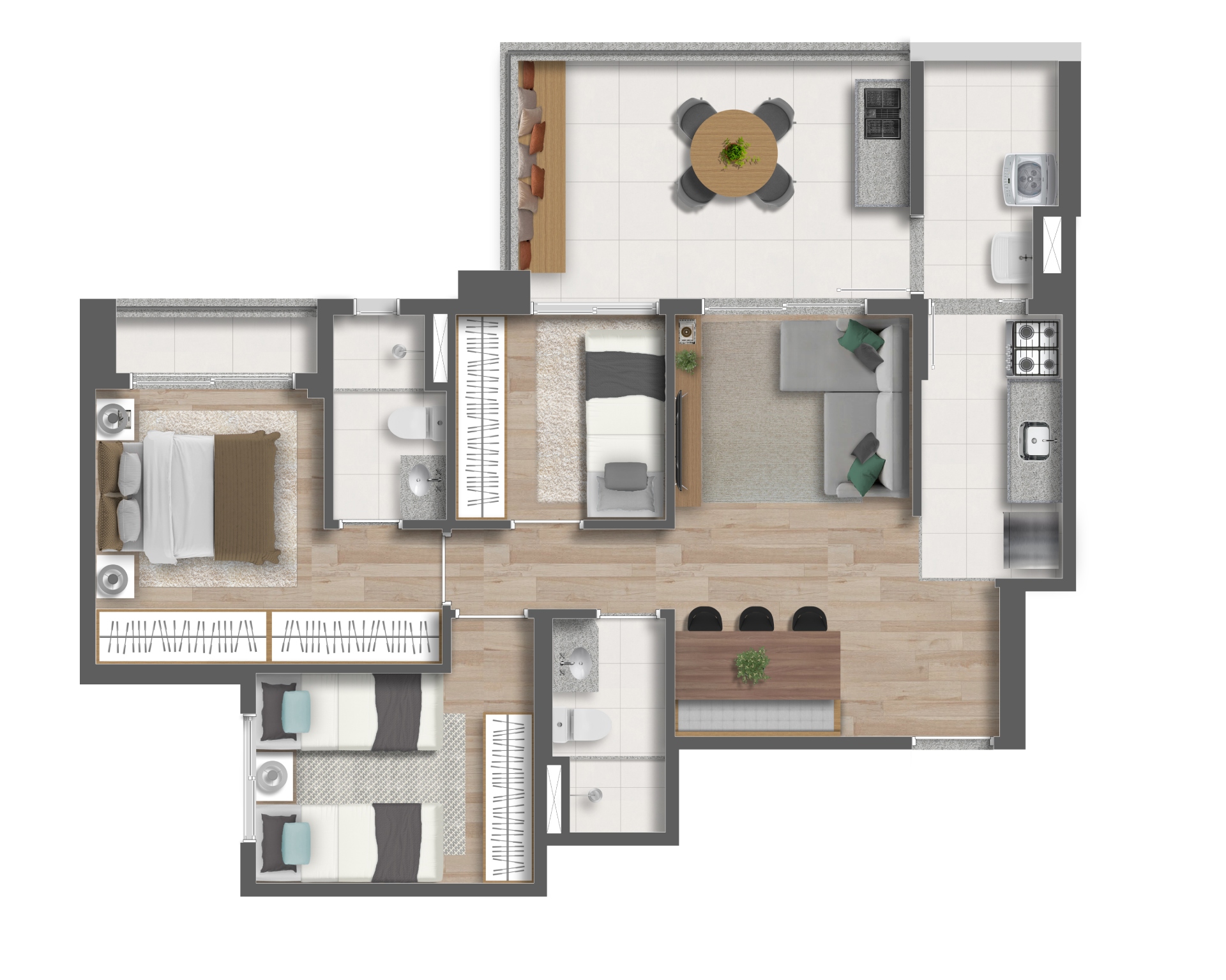 Planta 74m² | 2 dorms. e 1 suíte