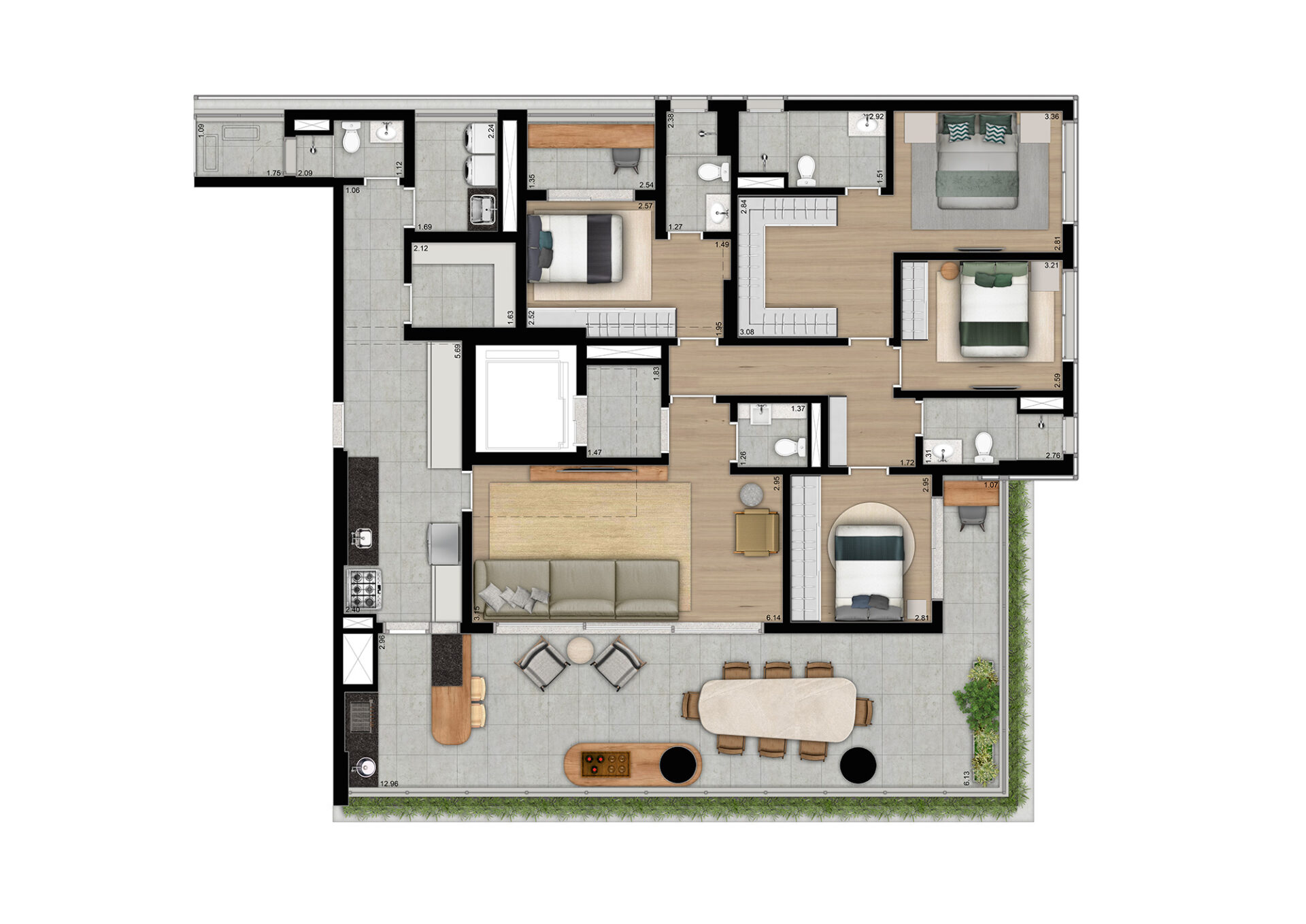 PLANTA TIPO 194 M² - 4 DORMS - 2 SUÍTES