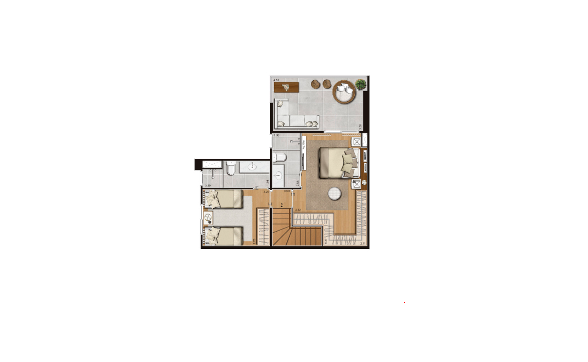 Planta 106m² Duplex Superior |- 3 dorms. 2 suítes