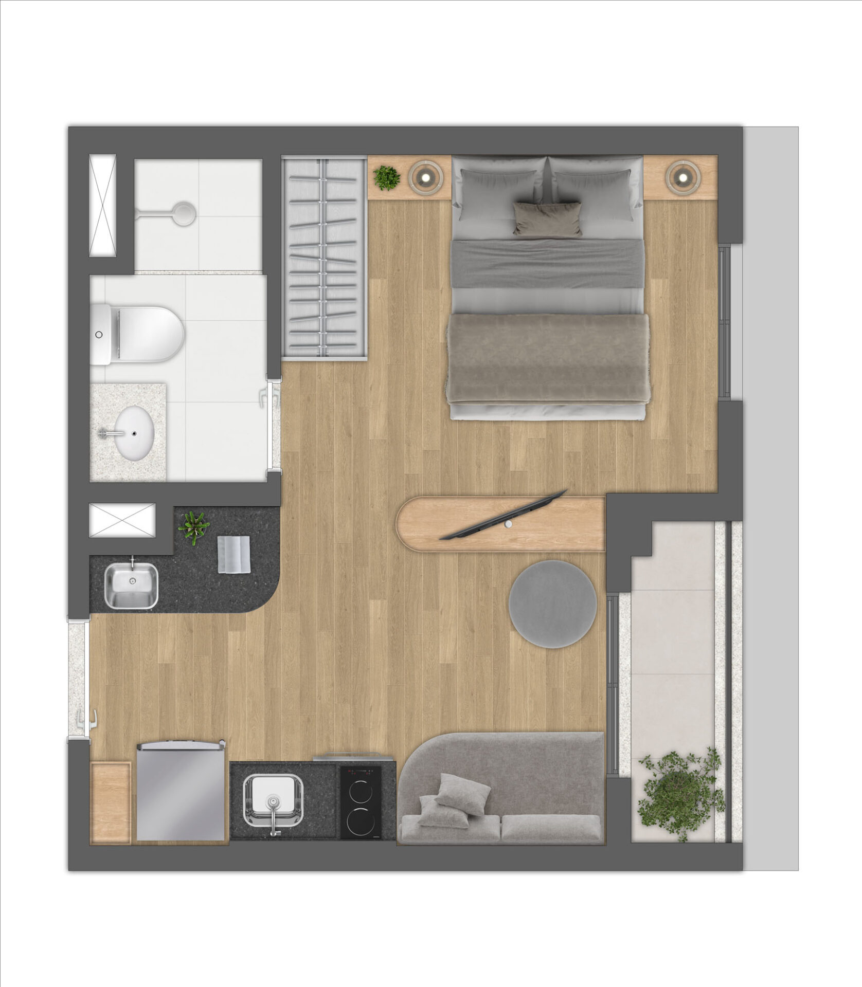 Planta 24m² Ampliada - Studio + Terraço