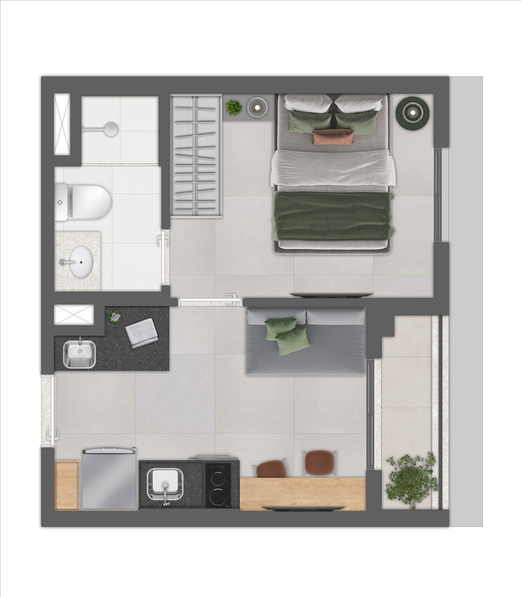 Planta 24m² Padrão - 1 Dormitório + Terraço