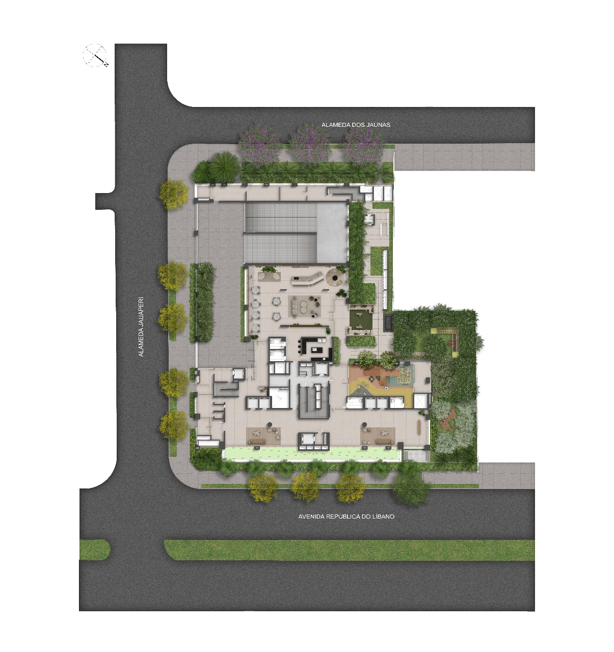 Implantação Térreo - Lobby, Playground, Terraço Salão de Festas, Delivery, Salão de Festas, Pet Place e Brinquedoteca