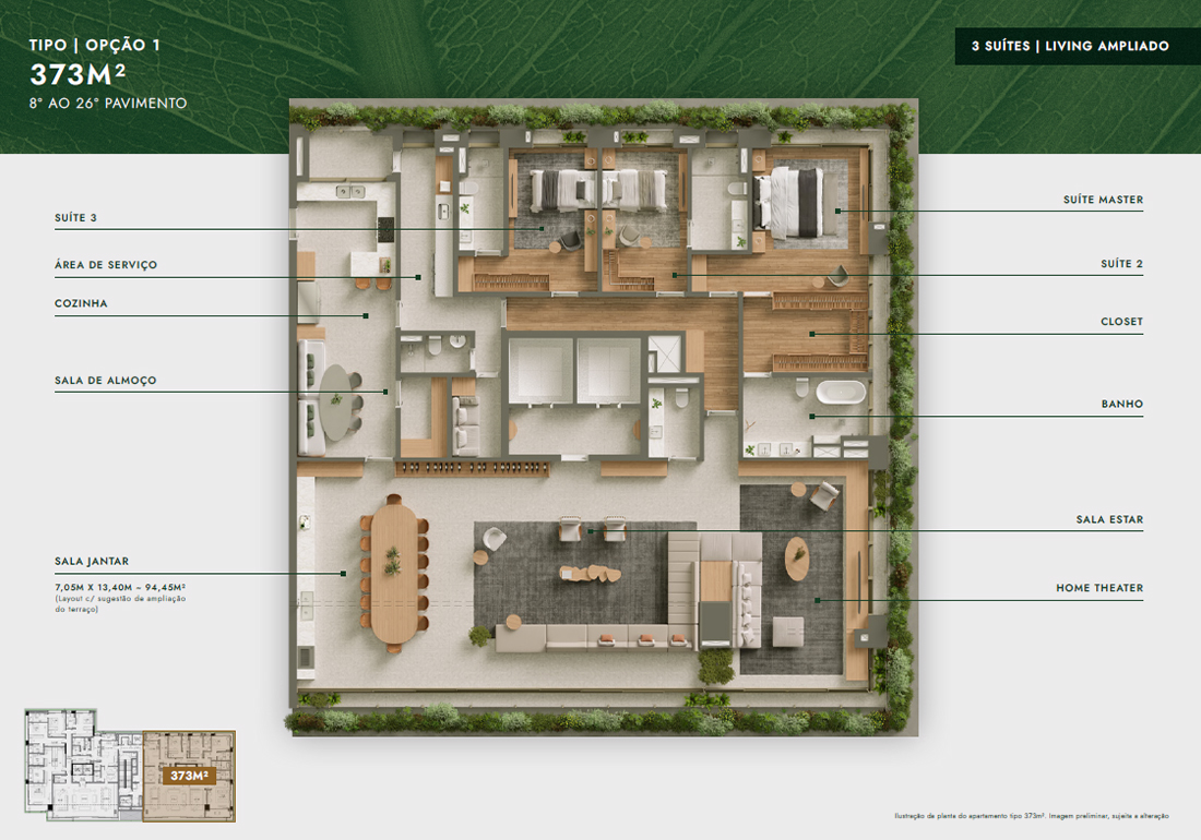 Planta Tipo 373m² - Opção 1 - 3 Suítes - Living Ampliado
