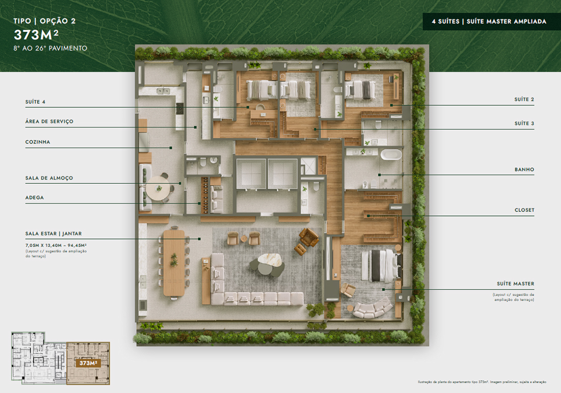 Planta Tipo 373m² - Opção 2 - 4 Suítes - Suíte Master Ampliada