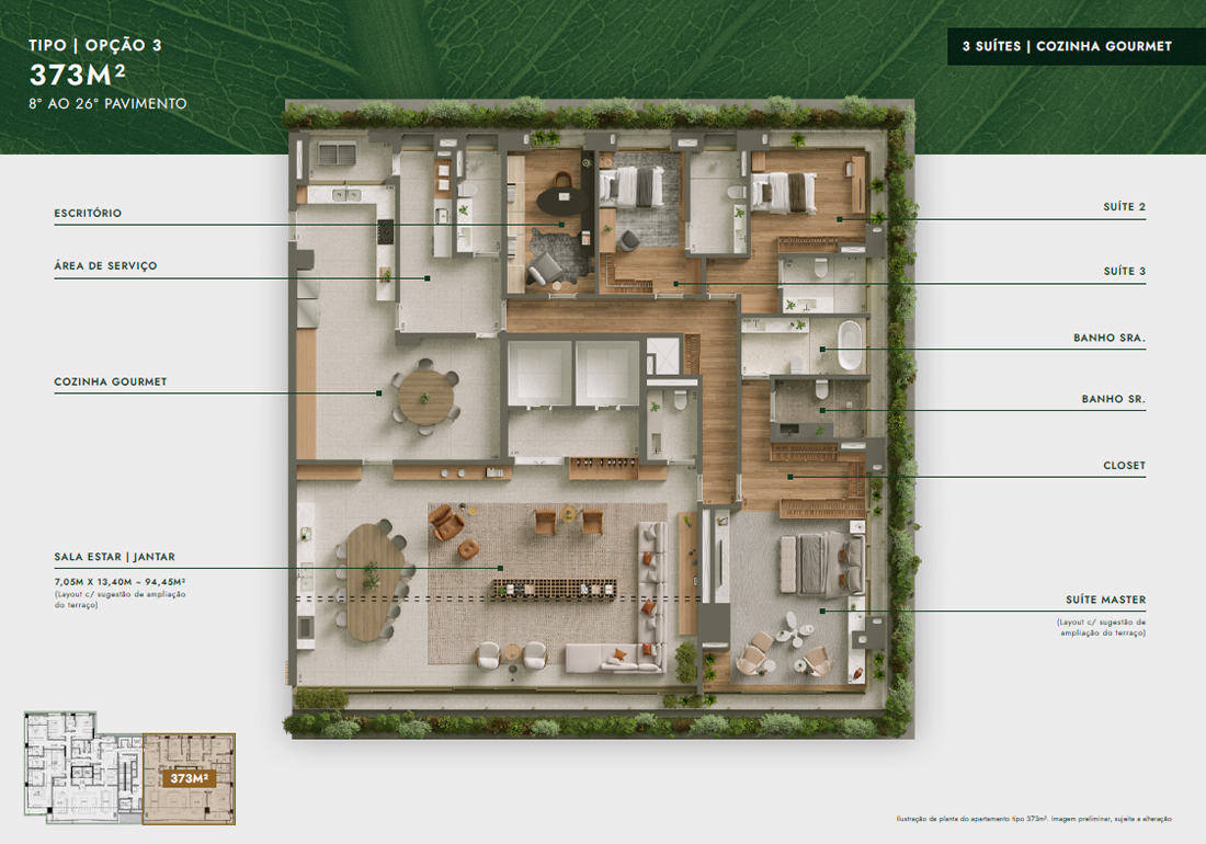Planta Tipo 373m² - Opção 3 - 3 Suítes - Cozinha Gourmet