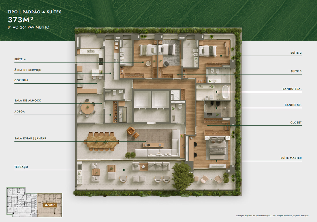 Planta Tipo 373m² - Padrão - 4 Suítes