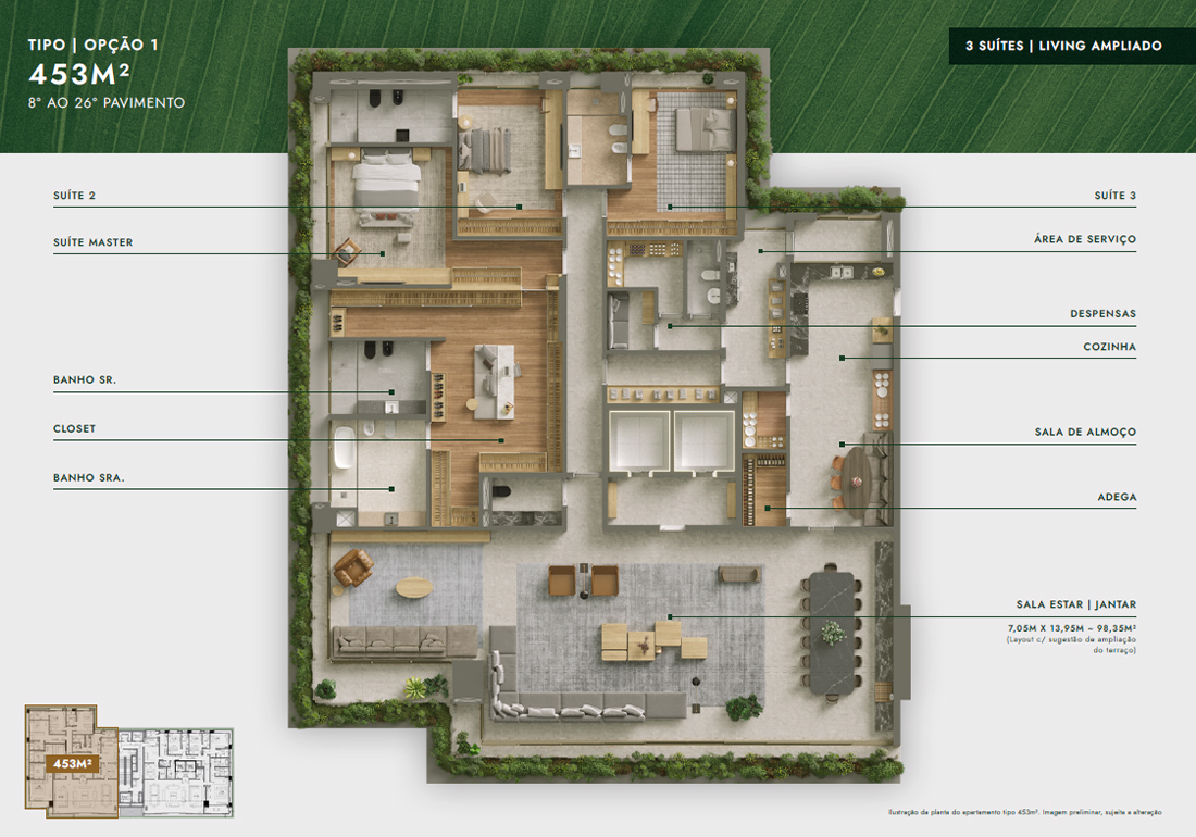 Planta Tipo 453m² - Opção 1 - 3 Suítes - Living Ampliado