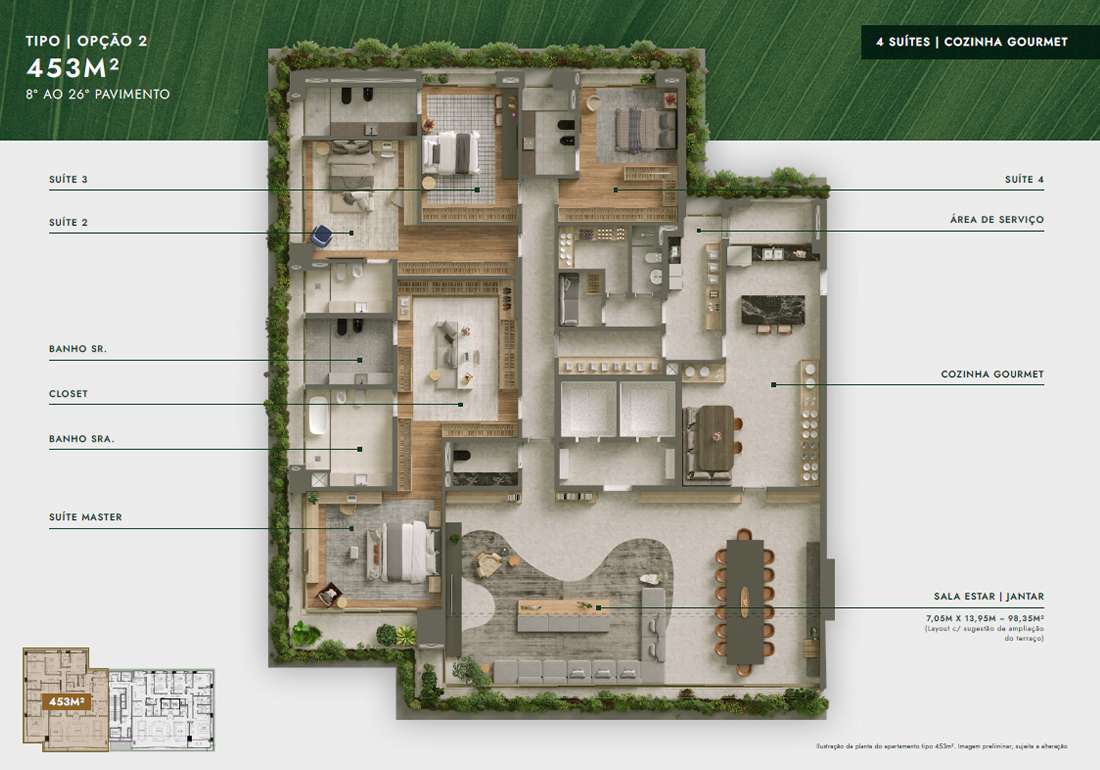 Planta Tipo 453m² - Opção 2 - 4 Suítes - Cozinha Gourmet
