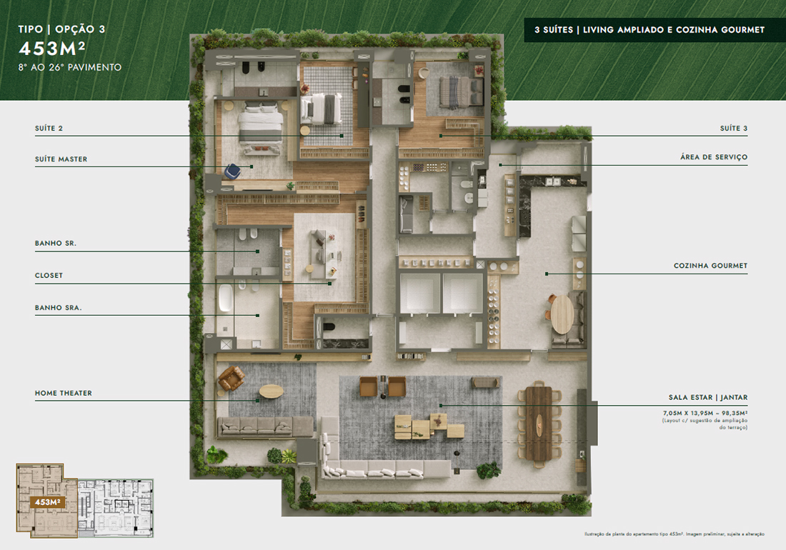 Planta Tipo 453m² - Opção 3 - 3 Suítes - Living Ampliado e Cozinha Gourmet