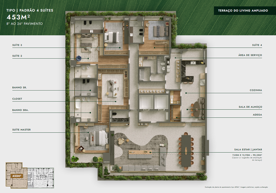 Planta Tipo 453m² - Padrão - 4 Suítes - Terraço do Living Ampliado