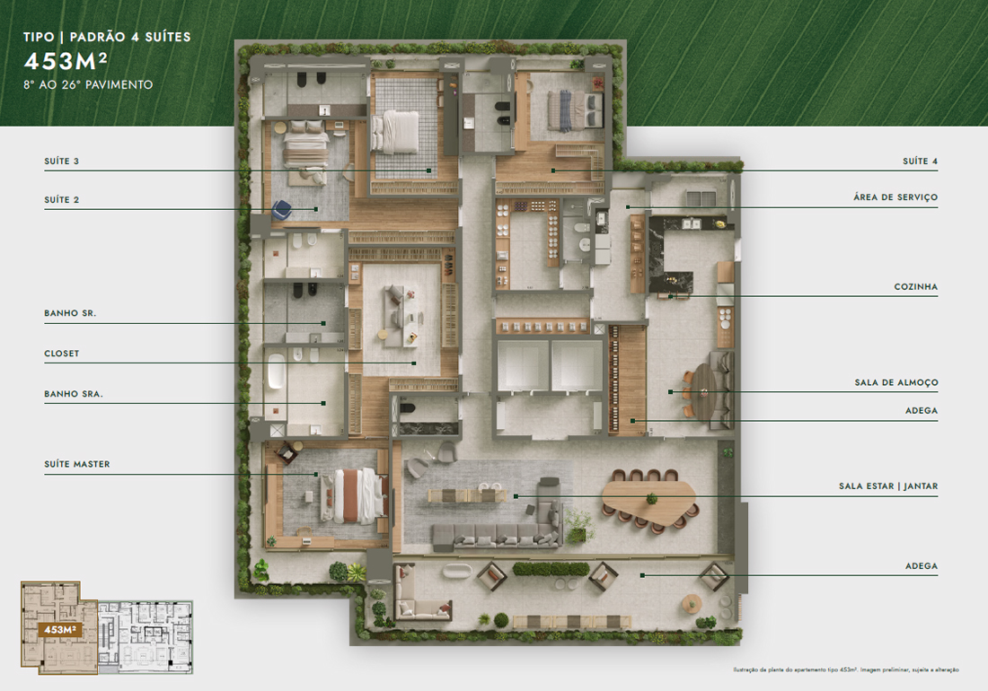 Planta Tipo 453m² - Padrão - 4 Suítes