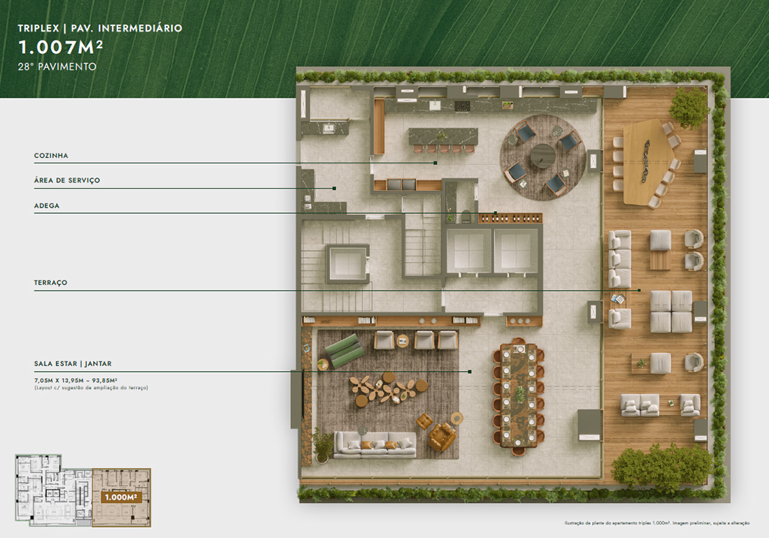 Planta Triplex 1.007m² - Pavimento Intermediário