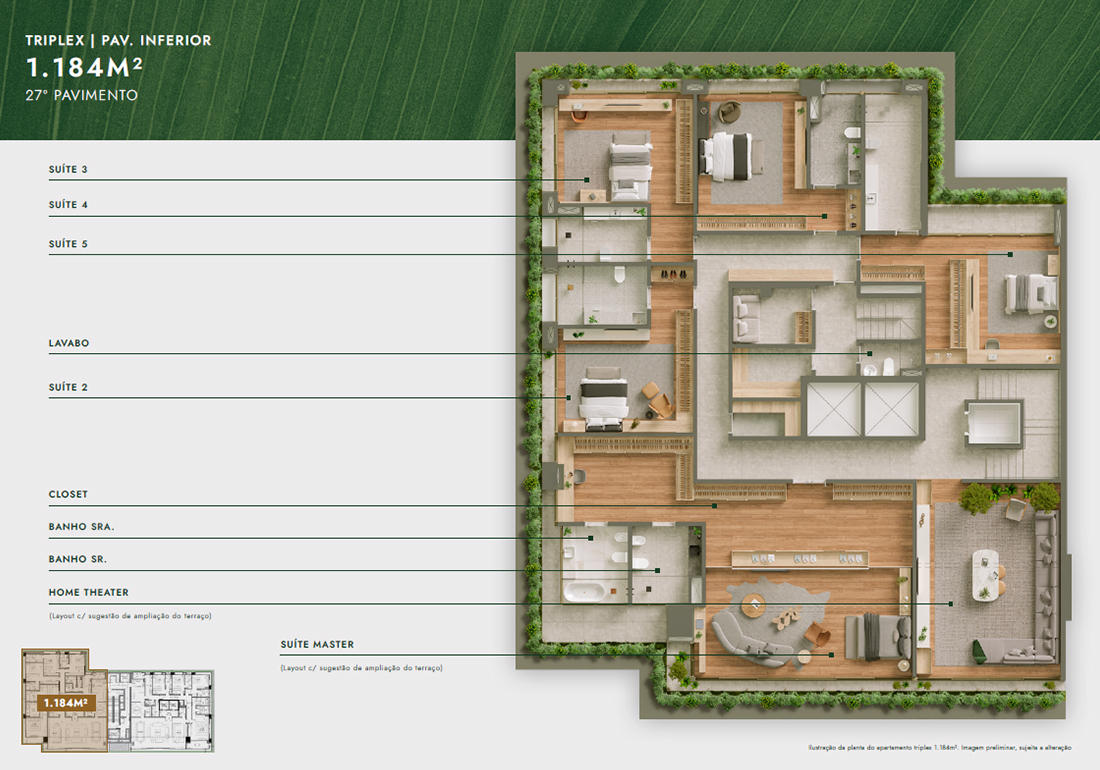 Planta Triplex 1.184m² - Pavimento Inferior