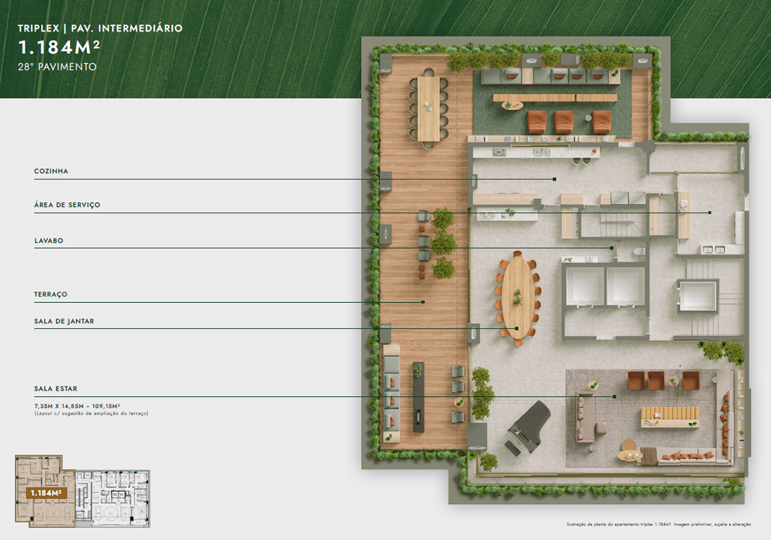 Planta Triplex 1.184m² - Pavimento Intermediário